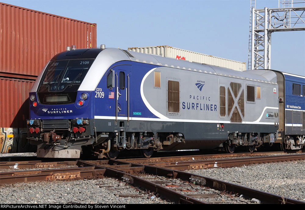 Caltrans SC44 CDTX #2109 pushes Amtrak train #563 toward LA.